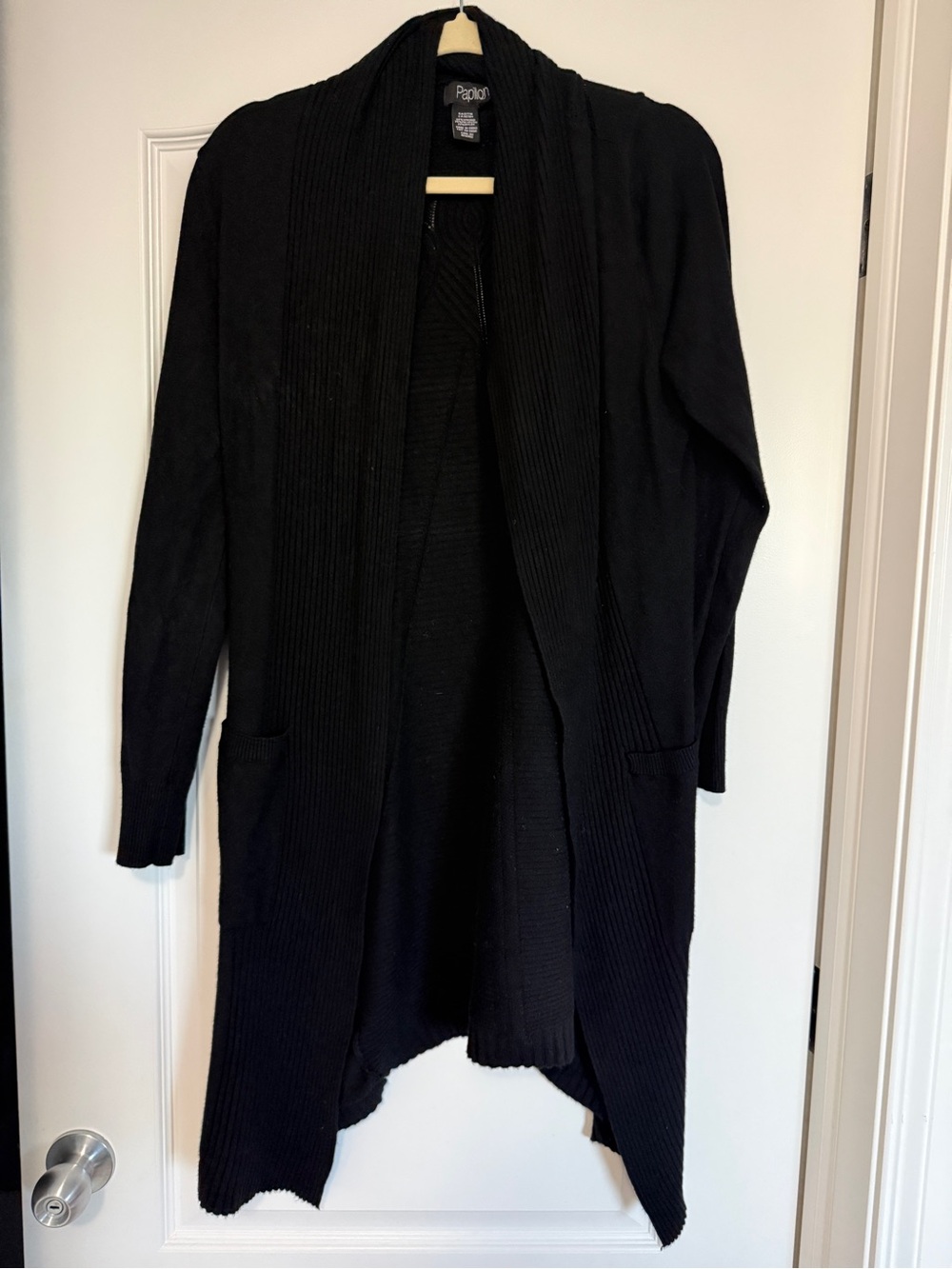 Papillon Blanc Black Long Open-Front Knit Cardigan